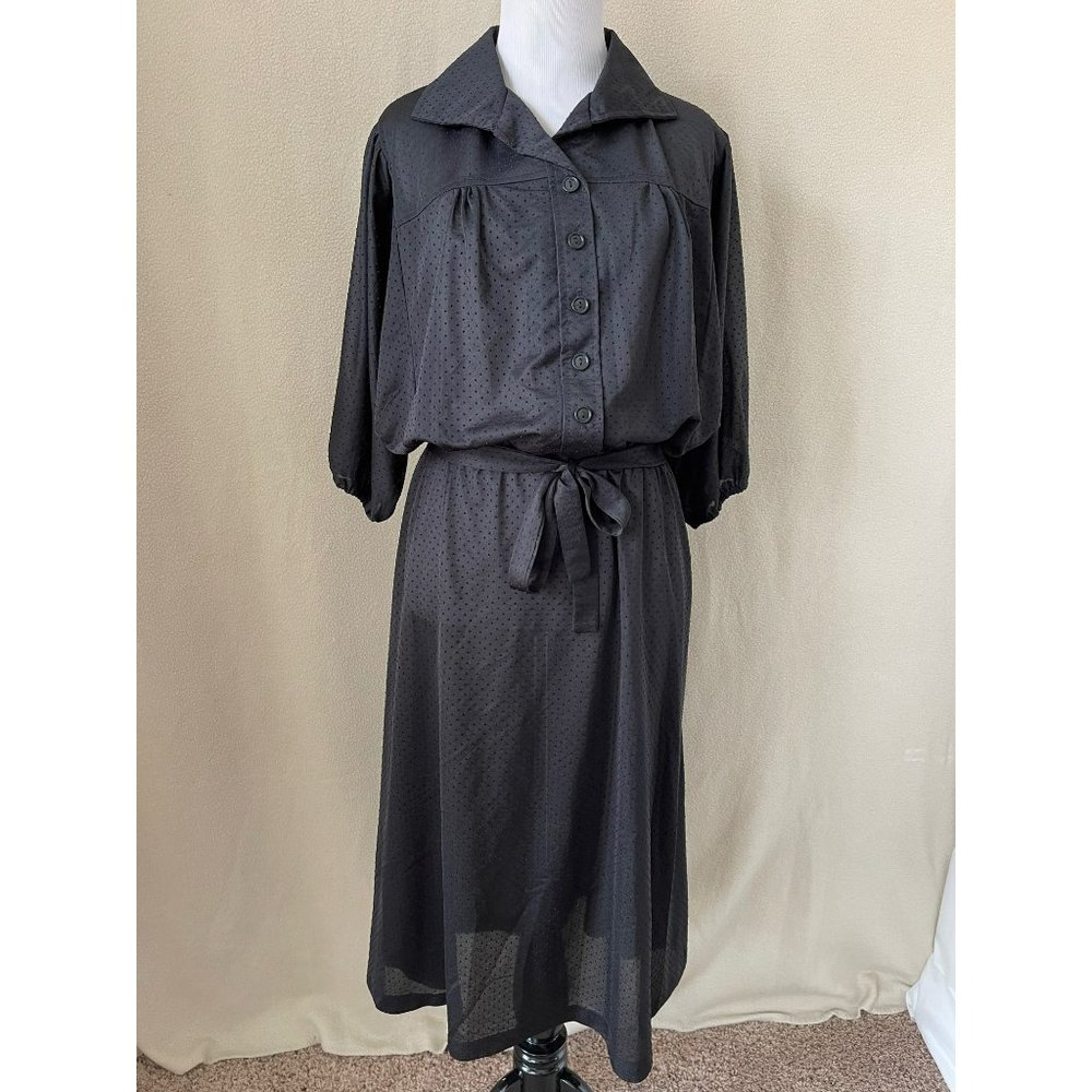 Vintage Black Sheer Embossed Polka Dot Pleated Half Button Down Tie Waist Dress